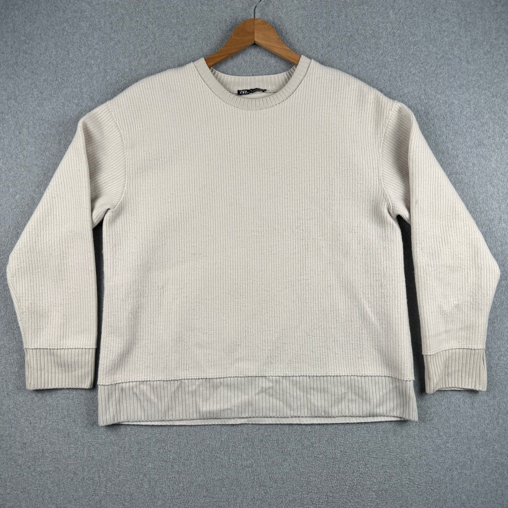 Zara Sweatshirt Mens M Beige Ribbed Knit Fleece Lined Pullover Top